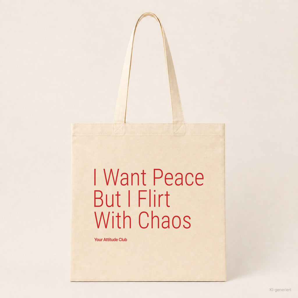 I Want Peace But I Flirt With Chaos – Stoffbeutel mit Spruch natur mit rotem Aufdruck, Produktansicht