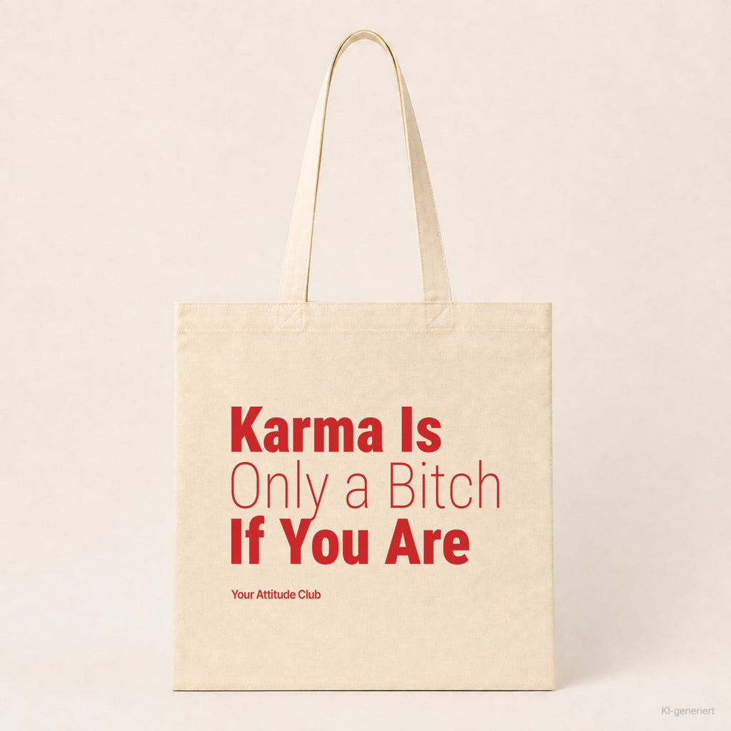 Karma Is Only a Bitch If You Are – Stoffbeutel mit Spruch natur mit rotem Aufdruck, Produktansicht