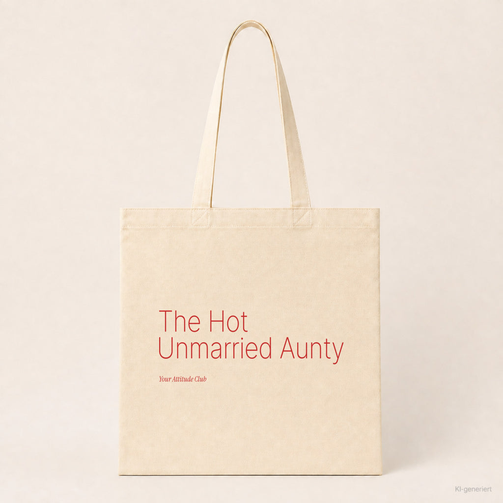 The Hot Unmarried Aunty – Stoffbeutel mit Spruch natur mit rotem Aufdruck, Produktansicht