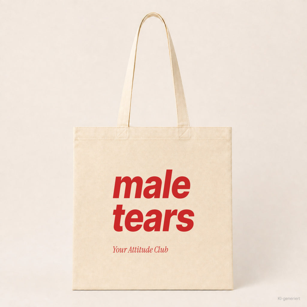 Male Tears – Stoffbeutel mit Spruch natur mit rotem Aufdruck, Produktansicht