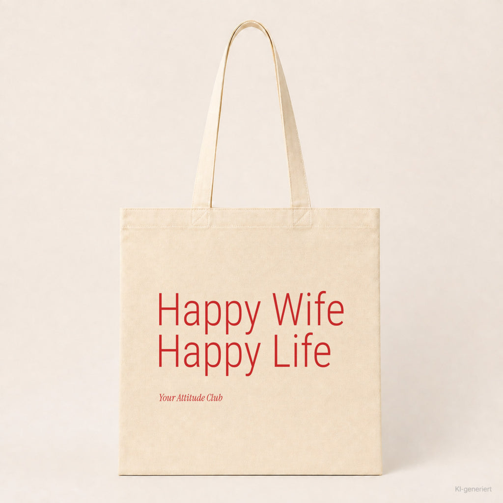 Happy Wife Happy Life – Stoffbeutel mit Spruch natur mit rotem Aufdruck, Produktansicht