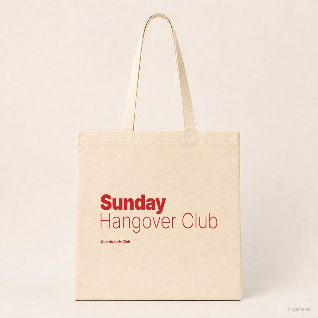 Sunday Hangover Club – Stoffbeutel mit Spruch natur mit rotem Aufdruck, Produktansicht