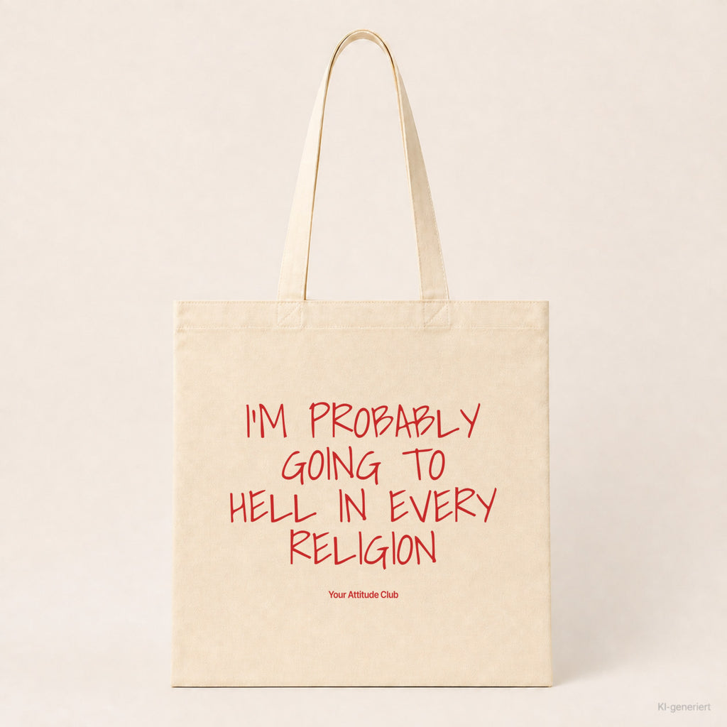 I’m Probably Going to Hell in Every Religion – Stoffbeutel mit Spruch natur mit rotem Aufdruck, Produktansicht