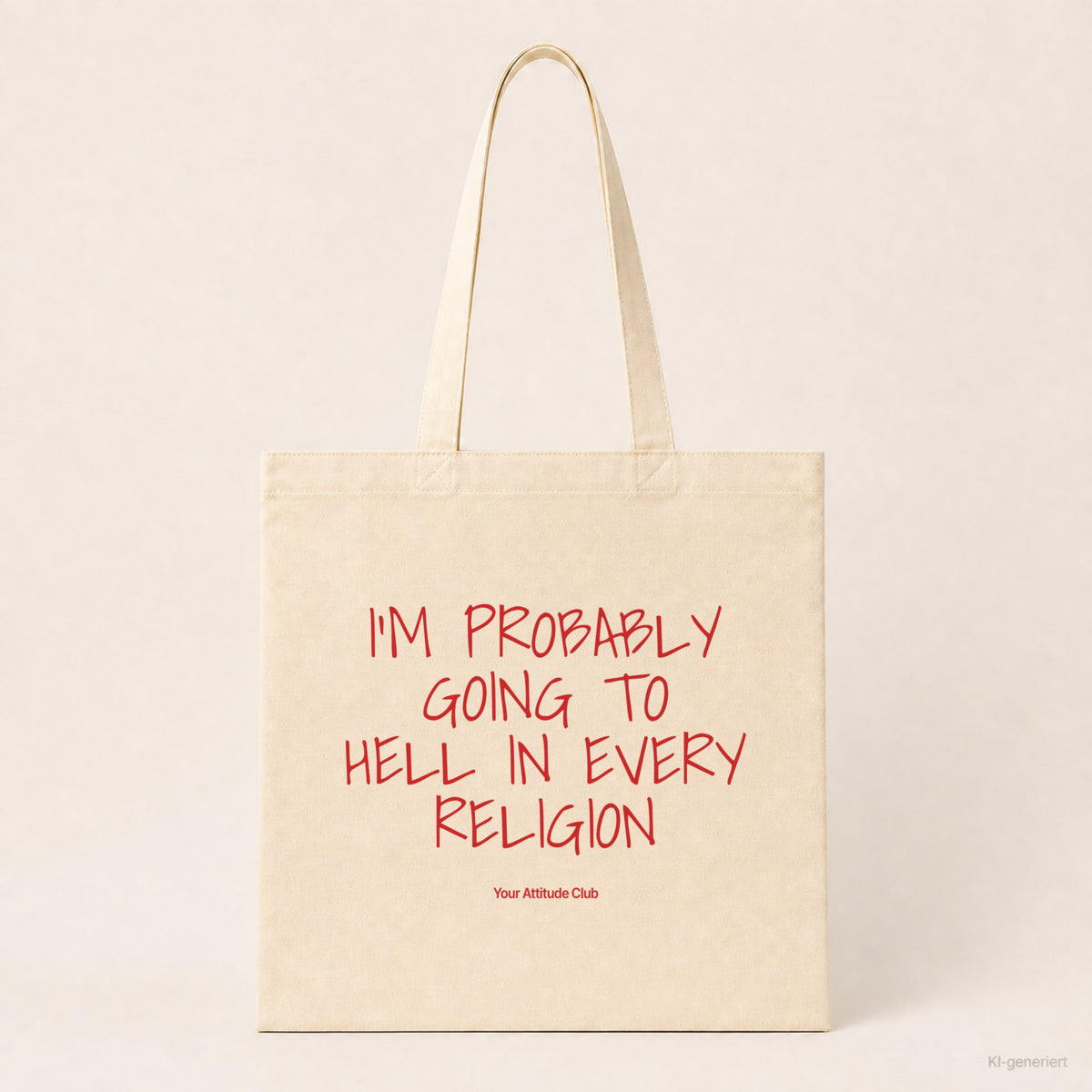 I’m Probably Going to Hell in Every Religion – Stoffbeutel mit Spruch natur mit rotem Aufdruck, Produktansicht