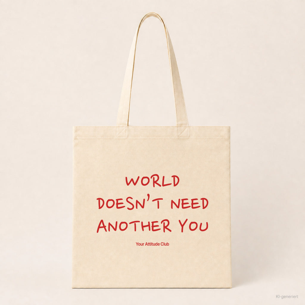 World Doesn’t Need Another You – Stoffbeutel mit Spruch natur mit rotem Aufdruck, Produktansicht