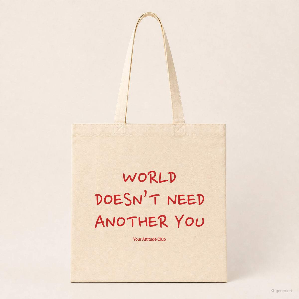 World Doesn’t Need Another You – Stoffbeutel mit Spruch natur mit rotem Aufdruck, Produktansicht