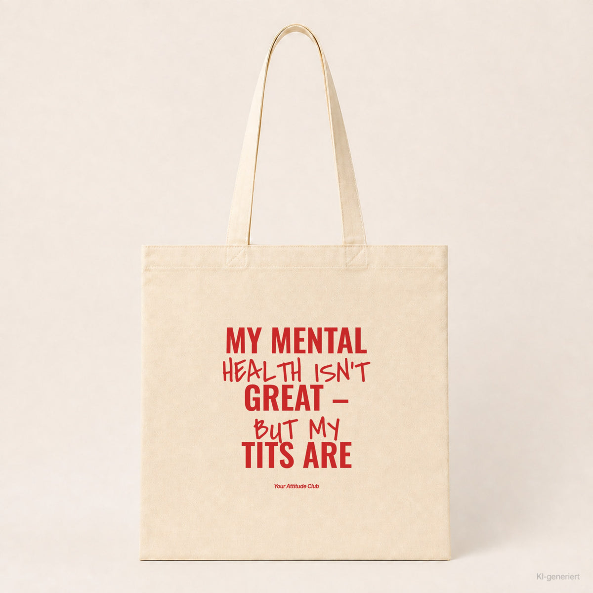 My Mental Health Isn’t Great – But My Tits Are – Stoffbeutel mit Spruch natur mit rotem Aufdruck, Produktansicht