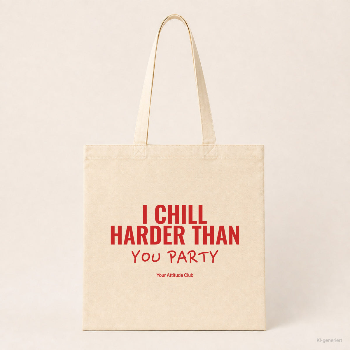 I Chill Harder Than You Party – Stoffbeutel mit Spruch natur mit rotem Aufdruck, Produktansicht
