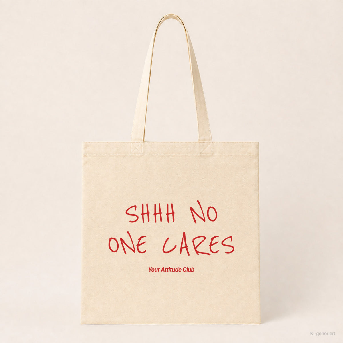 Shhh No One Cares – Stoffbeutel mit Spruch natur mit rotem Aufdruck, Produktansicht