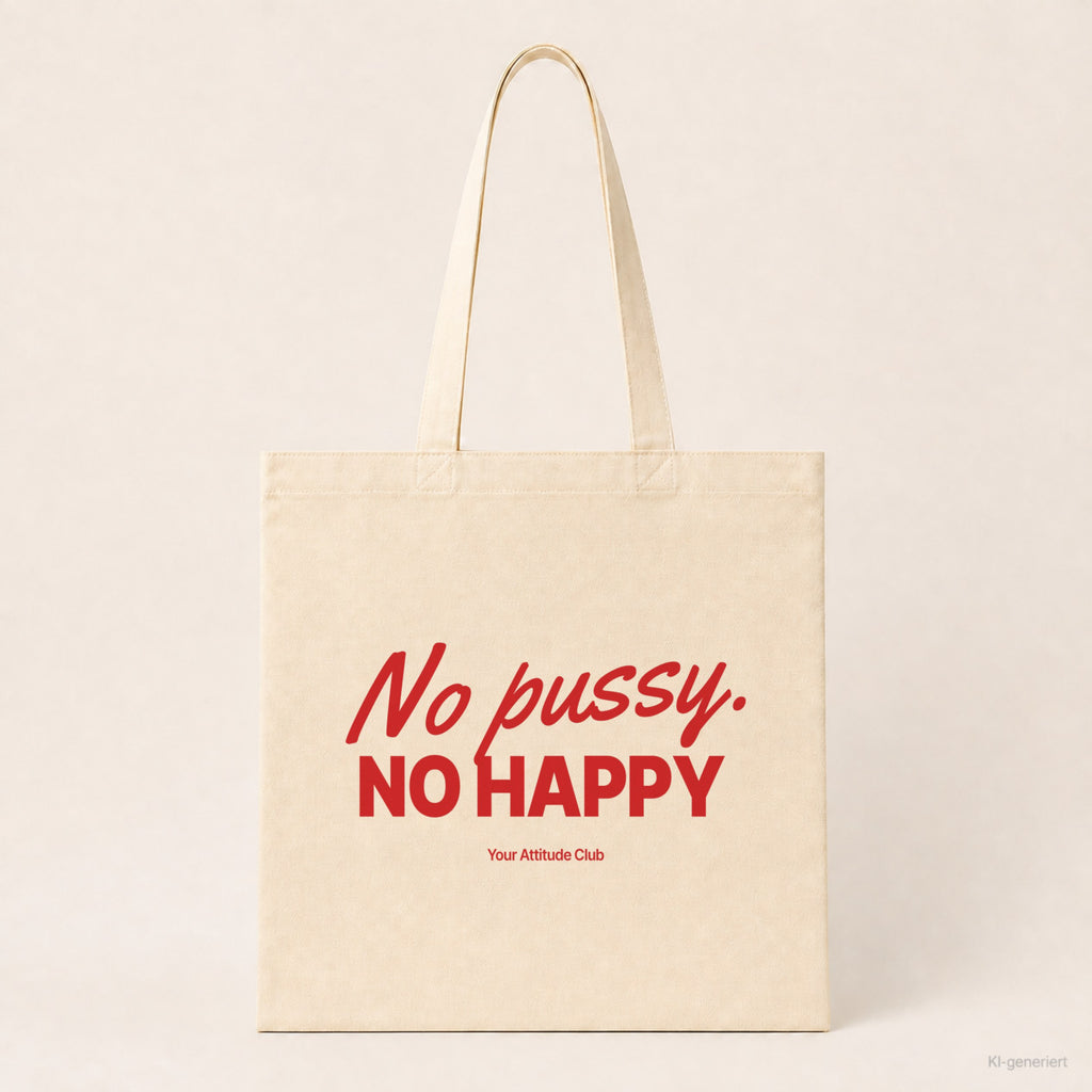 No pussy. No happy – Stoffbeutel mit Spruch natur mit rotem Aufdruck, Produktansicht