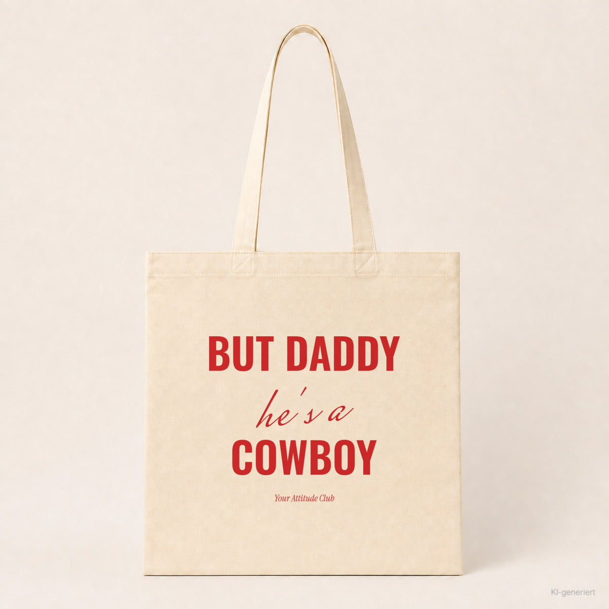 But Daddy he's a cowboy – Stoffbeutel mit Spruch natur mit rotem Aufdruck, Produktansicht