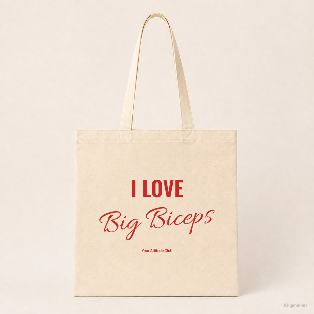 I Love Big Biceps – Stoffbeutel mit Spruch natur mit rotem Aufdruck, Produktansicht