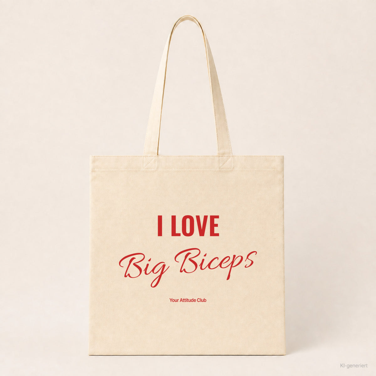 I Love Big Biceps – Stoffbeutel mit Spruch natur mit rotem Aufdruck, Produktansicht