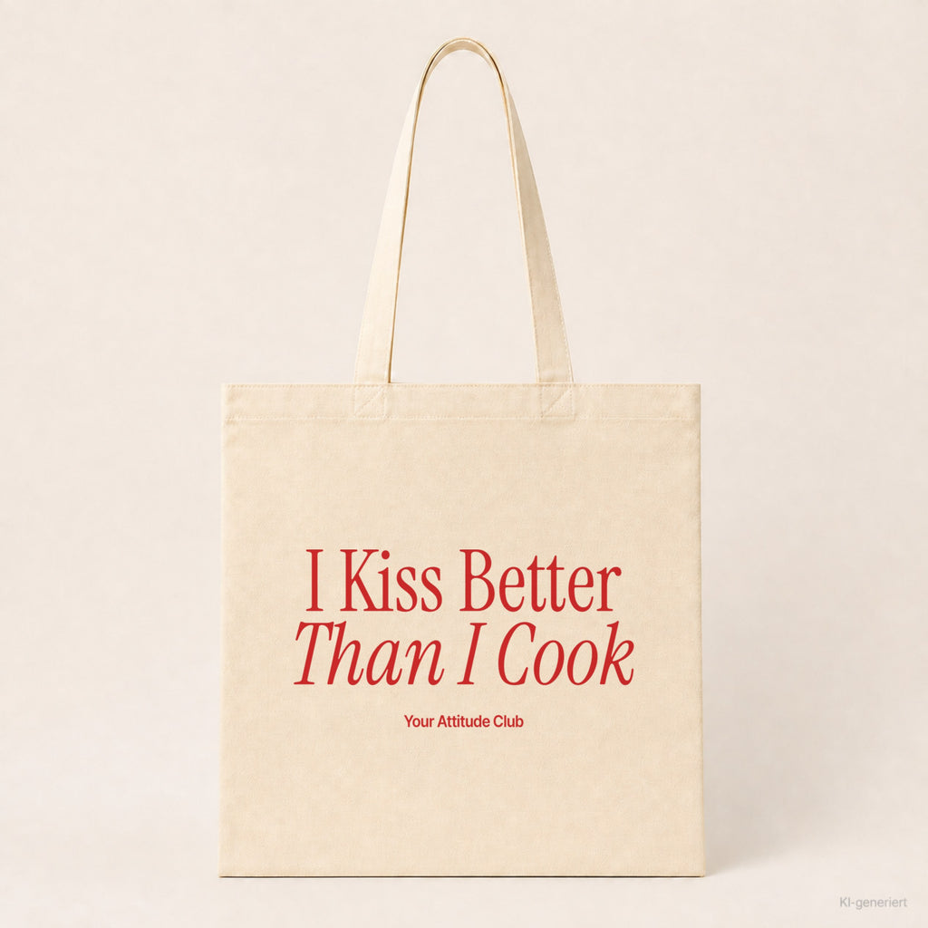 I Kiss Better Than I Cook – Stoffbeutel mit Spruch natur mit rotem Aufdruck, Produktansicht
