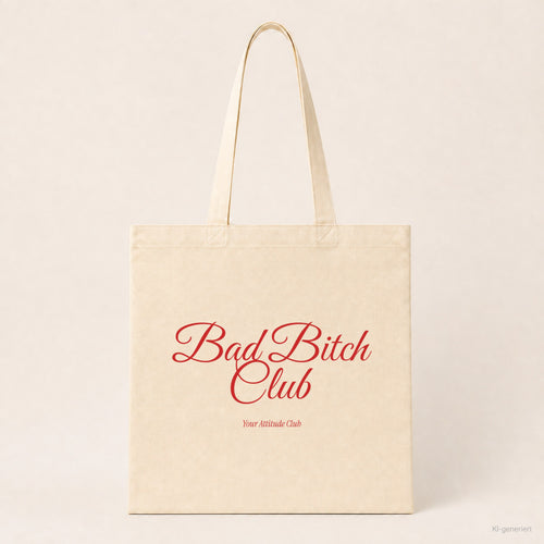 Bad Bitch Club – Stoffbeutel mit Spruch natur mit rotem Aufdruck, Produktansicht