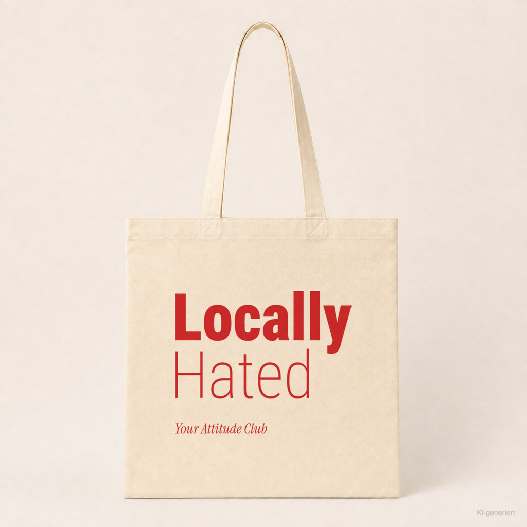 Locally Hated – Stoffbeutel mit Spruch natur mit rotem Aufdruck, Produktansicht