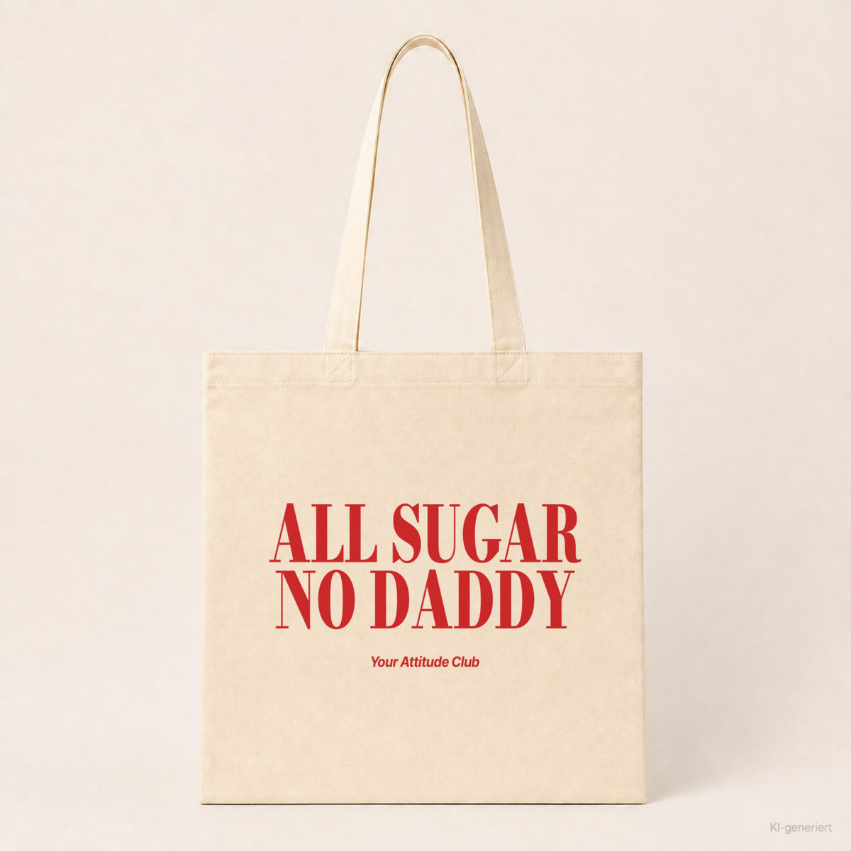 All Sugar No Daddy – Stoffbeutel mit Spruch natur mit rotem Aufdruck, Produktansicht