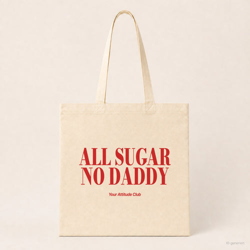 All Sugar No Daddy – Stoffbeutel mit Spruch natur mit rotem Aufdruck, Produktansicht