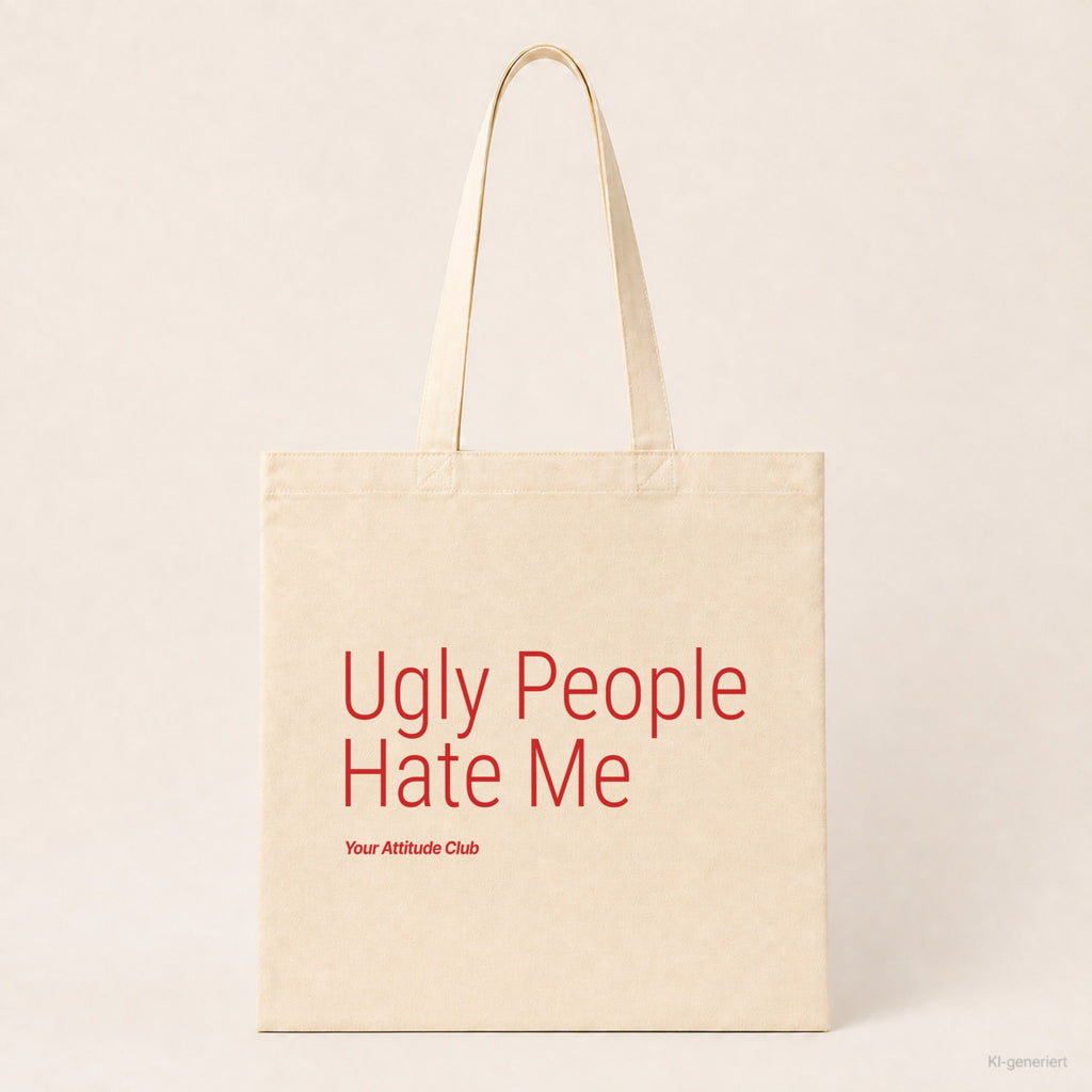 Ugly People Hate Me – Stoffbeutel mit Spruch natur mit rotem Aufdruck, Produktansicht