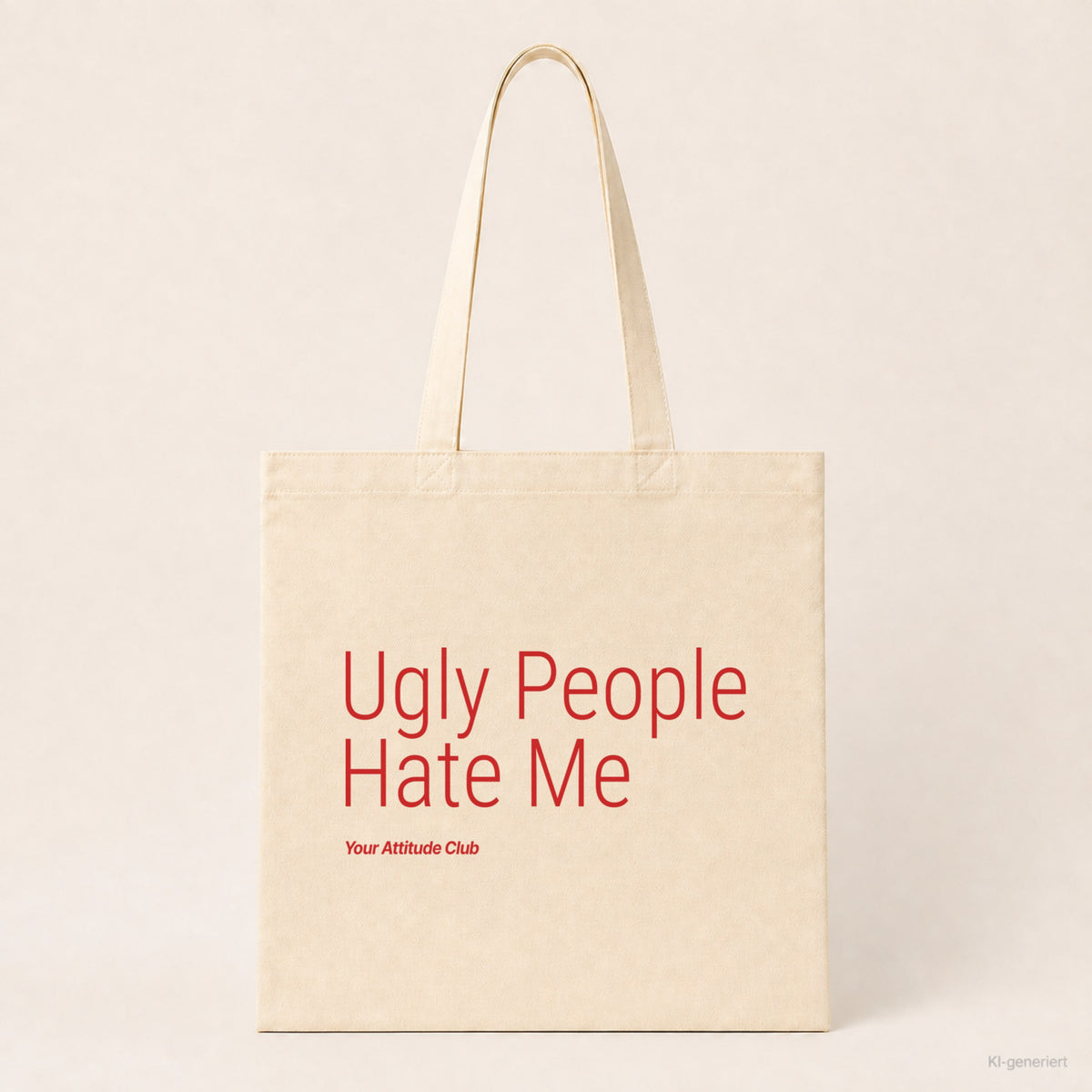 Ugly People Hate Me – Stoffbeutel mit Spruch natur mit rotem Aufdruck, Produktansicht