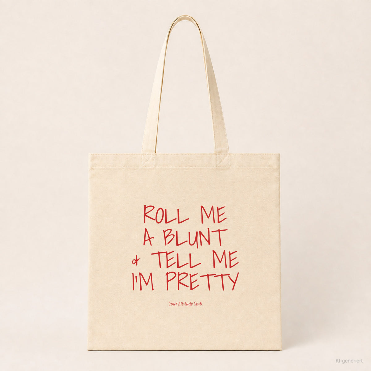 Roll Me A Blunt & Tell Me I’m Pretty – Stoffbeutel mit Spruch natur mit rotem Aufdruck, Produktansicht