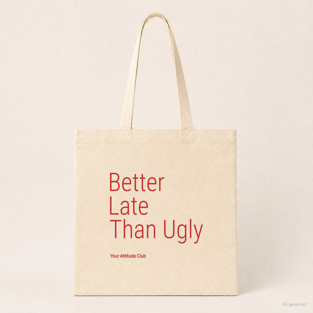 Better Late Than Ugly – Stoffbeutel mit Spruch natur mit rotem Aufdruck, Produktansicht
