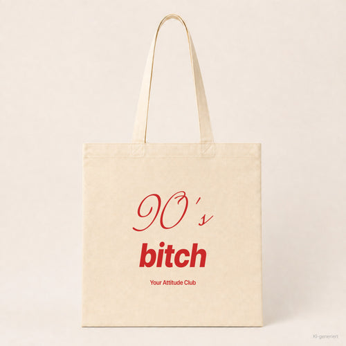 90's Bitch – Stoffbeutel mit Spruch natur mit rotem Aufdruck, Produktansicht
