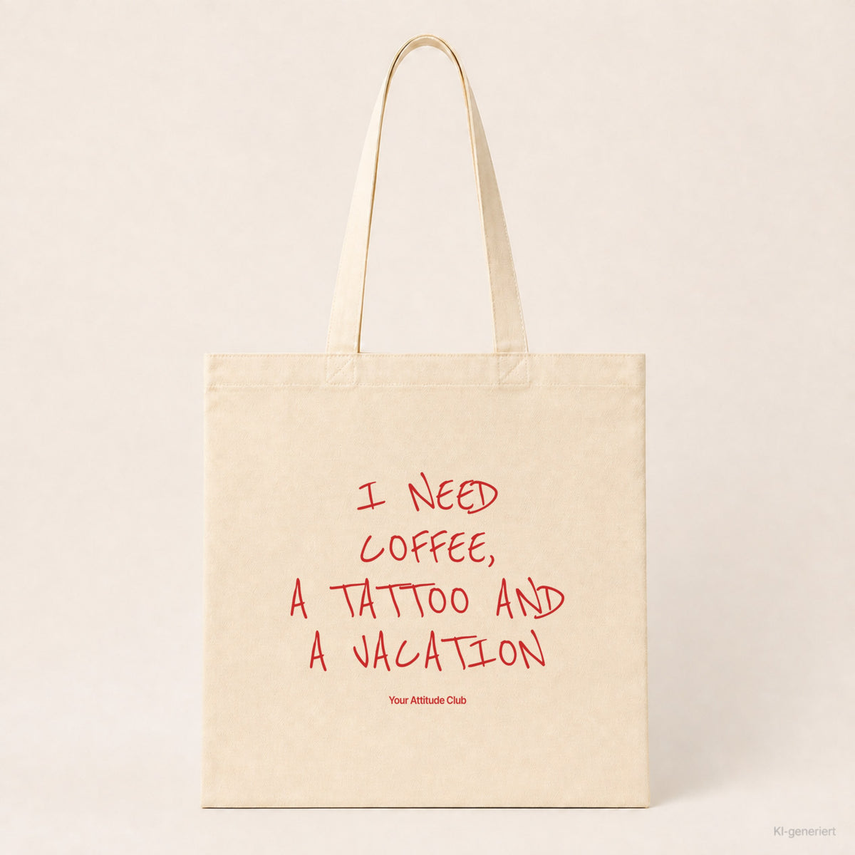 I Need Coffee, a Tattoo and a Vacation – Stoffbeutel mit Spruch natur mit rotem Aufdruck, Produktansicht
