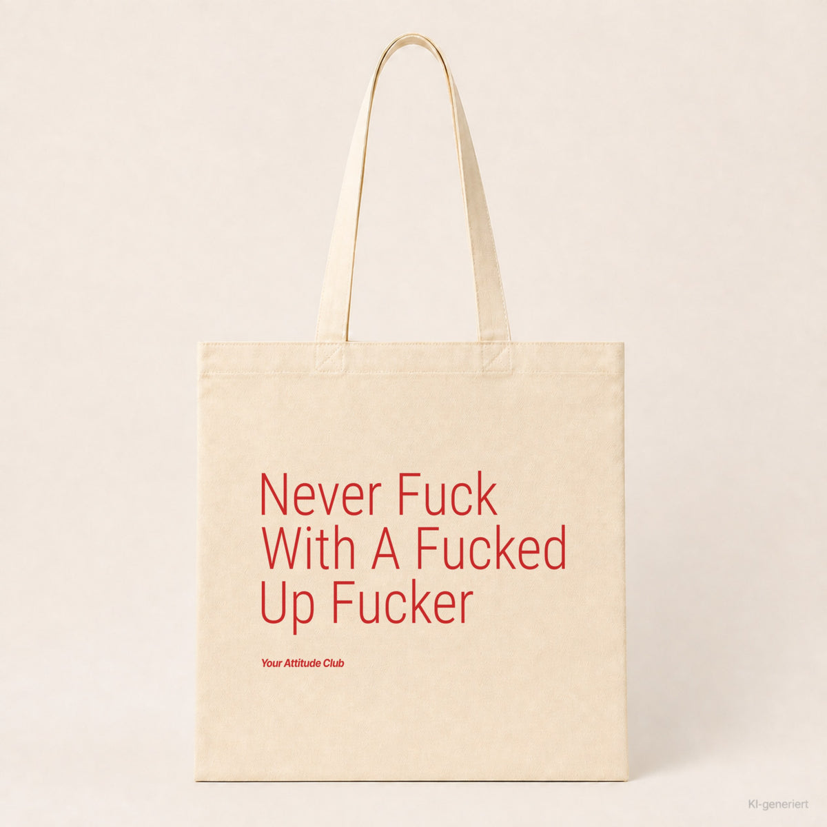 Never Fuck With A Fucked Up Fucker – Stoffbeutel mit Spruch natur mit rotem Aufdruck, Produktansicht
