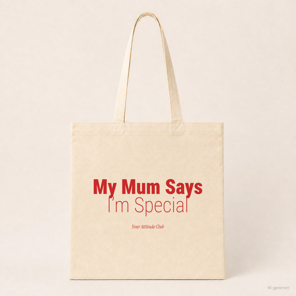 My Mum Says I’m Special – Stoffbeutel mit Spruch natur mit rotem Aufdruck, Produktansicht