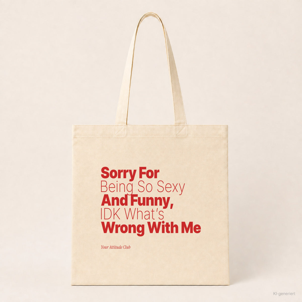 Sorry For Being So Sexy And Funny, IDK What’s Wrong With Me – Stoffbeutel mit Spruch natur mit rotem Aufdruck, Produktansicht