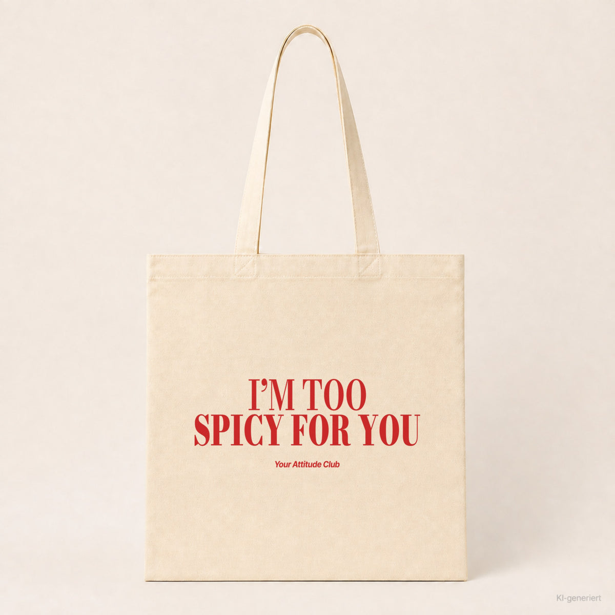 I’m Too Spicy For You – Stoffbeutel mit Spruch natur mit rotem Aufdruck, Produktansicht