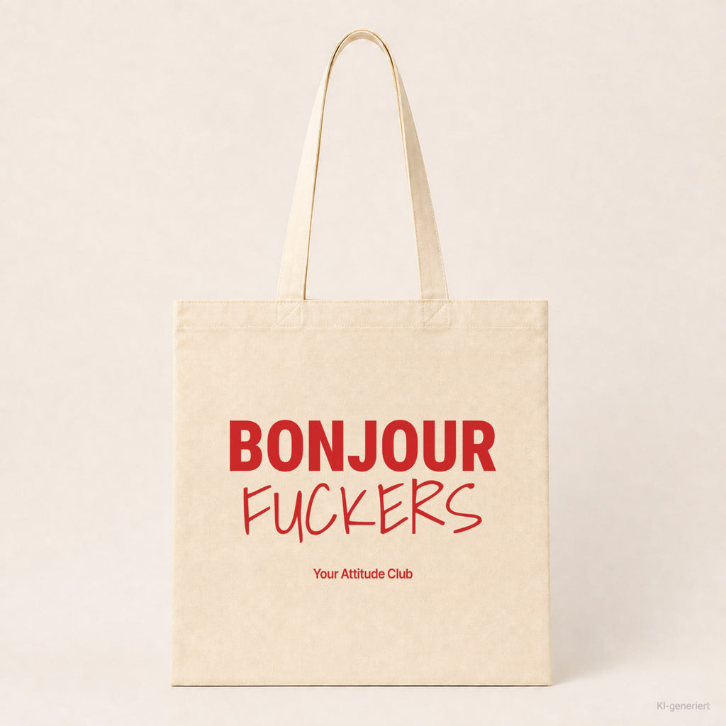 Bonjour Fuckers – Stoffbeutel mit Spruch natur mit rotem Aufdruck, Produktansicht