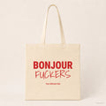 Bonjour Fuckers – Stoffbeutel mit Spruch natur mit rotem Aufdruck, Produktansicht