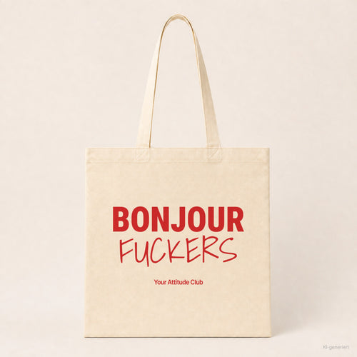 Bonjour Fuckers – Stoffbeutel mit Spruch natur mit rotem Aufdruck, Produktansicht
