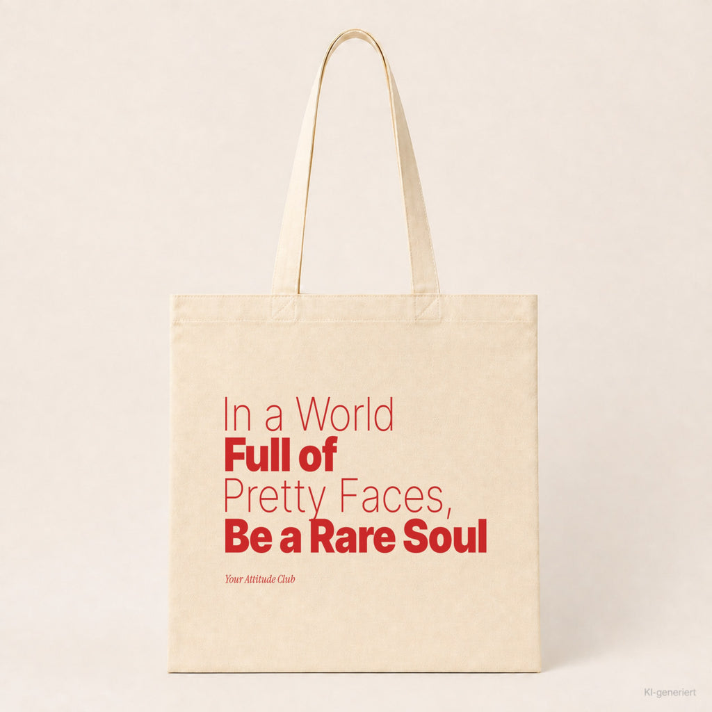 In a World Full of Pretty Faces, Be a Rare Soul – Stoffbeutel mit Spruch natur mit rotem Aufdruck, Produktansicht