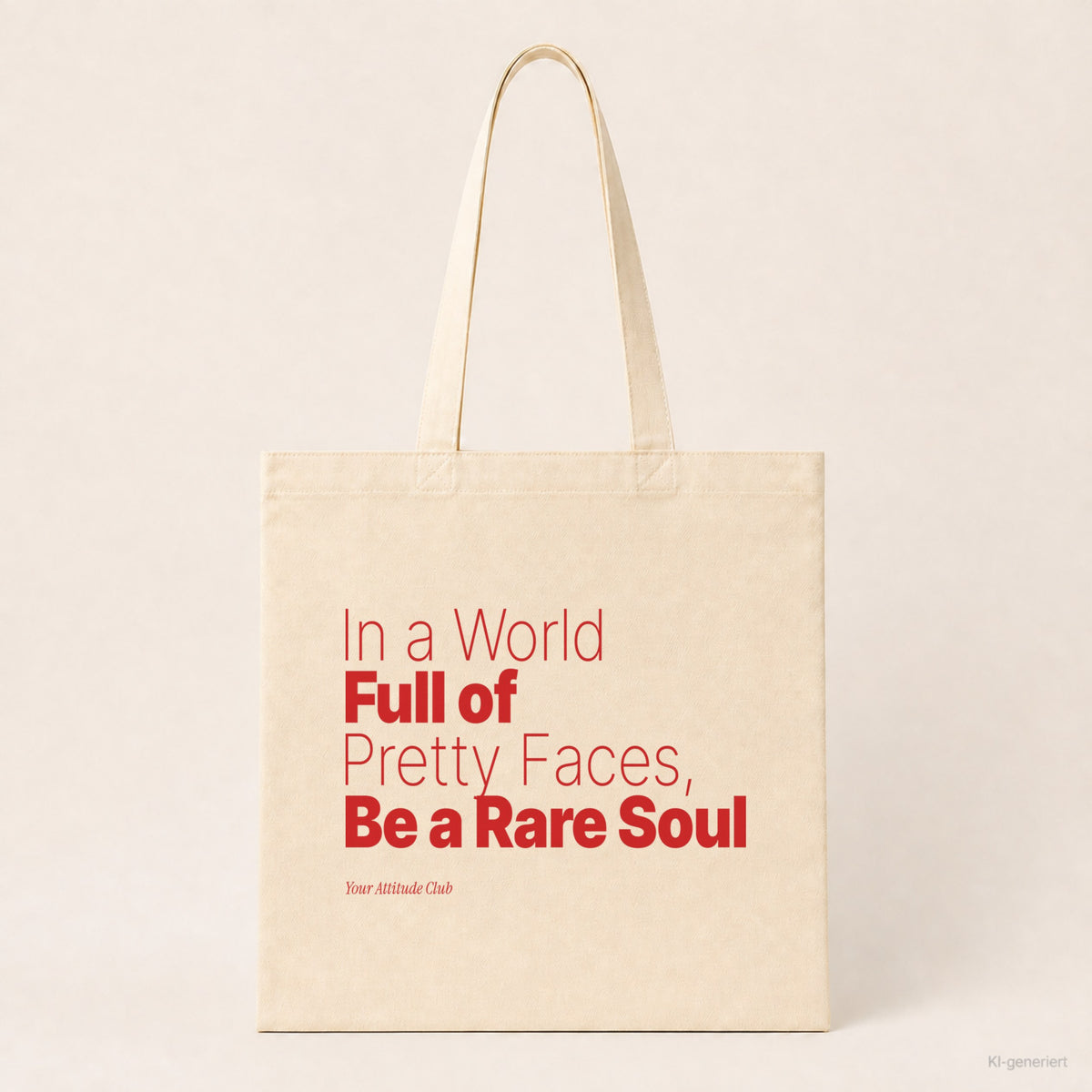 In a World Full of Pretty Faces, Be a Rare Soul – Stoffbeutel mit Spruch natur mit rotem Aufdruck, Produktansicht