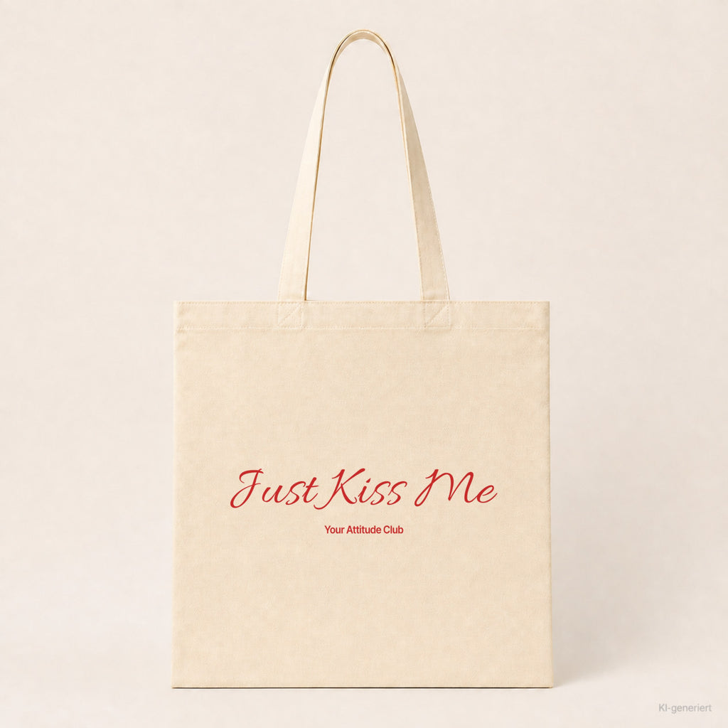 Just Kiss Me – Stoffbeutel mit Spruch natur mit rotem Aufdruck, Produktansicht