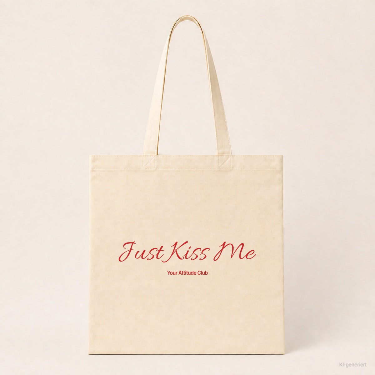 Just Kiss Me – Stoffbeutel mit Spruch natur mit rotem Aufdruck, Produktansicht