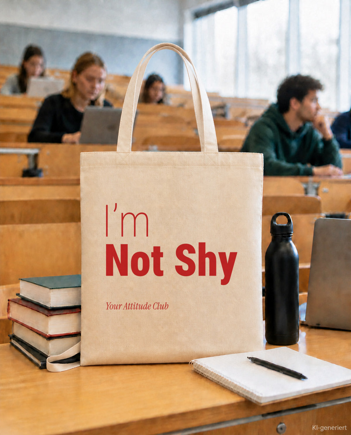 I’m Not Shy – Stoffbeutel mit Spruch natur mit rotem Aufdruck, in der Uni