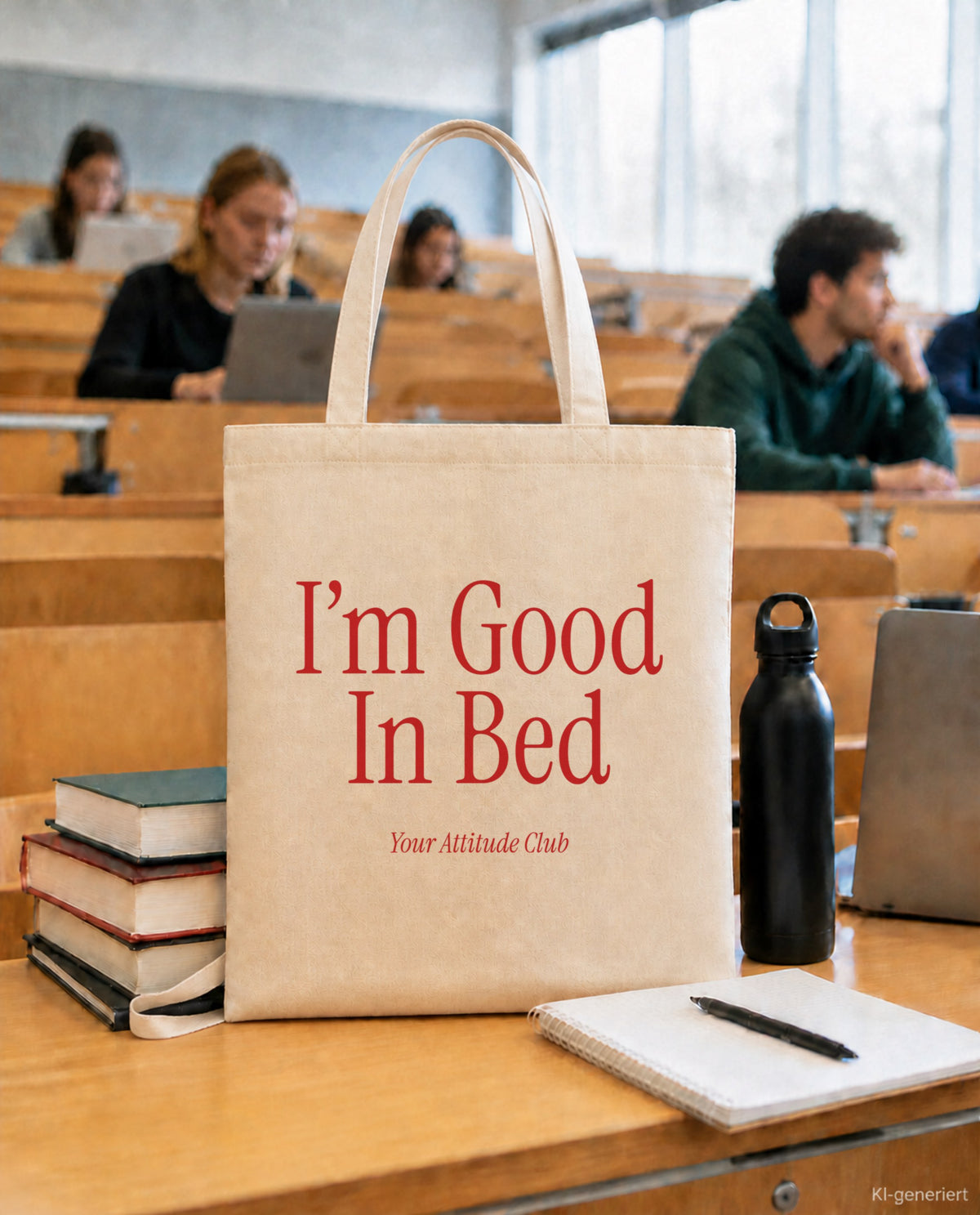 I’m Good In Bed – Stoffbeutel mit Spruch natur mit rotem Aufdruck, in der Uni