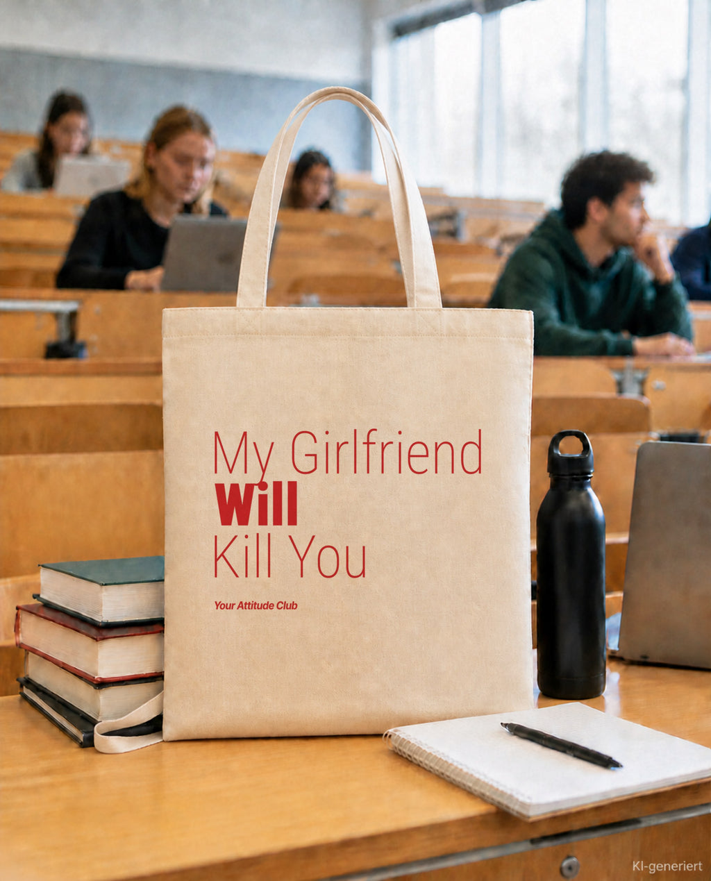 My Girlfriend Will Kill You – Stoffbeutel mit Spruch natur mit rotem Aufdruck, in der Uni