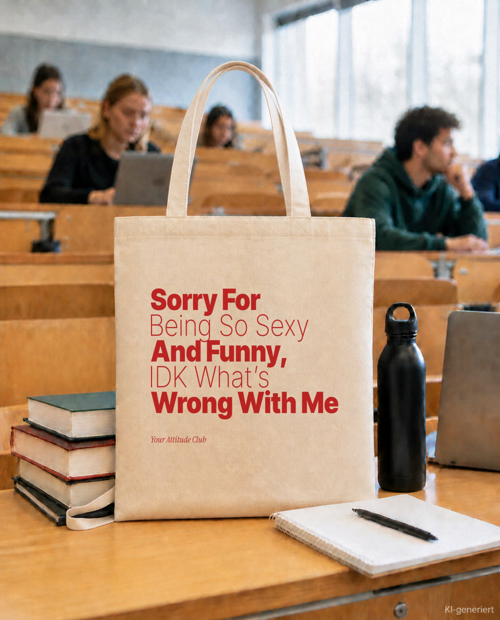 Sorry For Being So Sexy And Funny, IDK What’s Wrong With Me – Stoffbeutel mit Spruch natur mit rotem Aufdruck, in der Uni