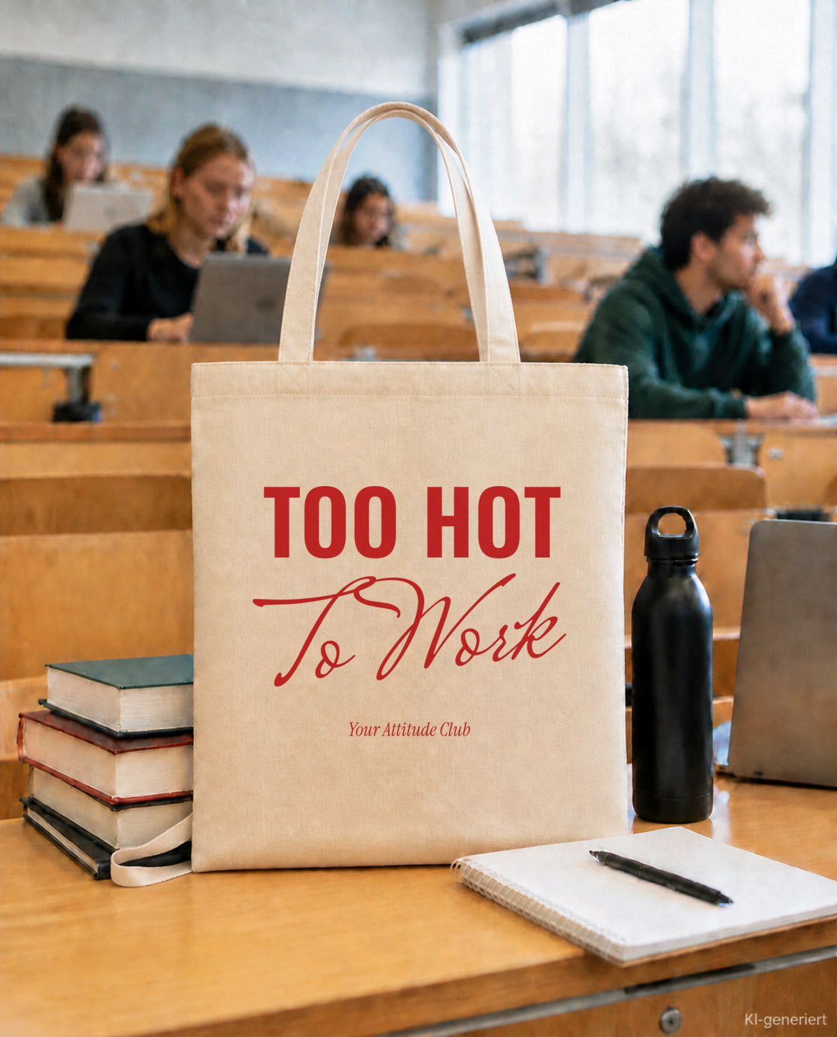 Too Hot To Work – Stoffbeutel mit Spruch natur mit rotem Aufdruck, in der Uni