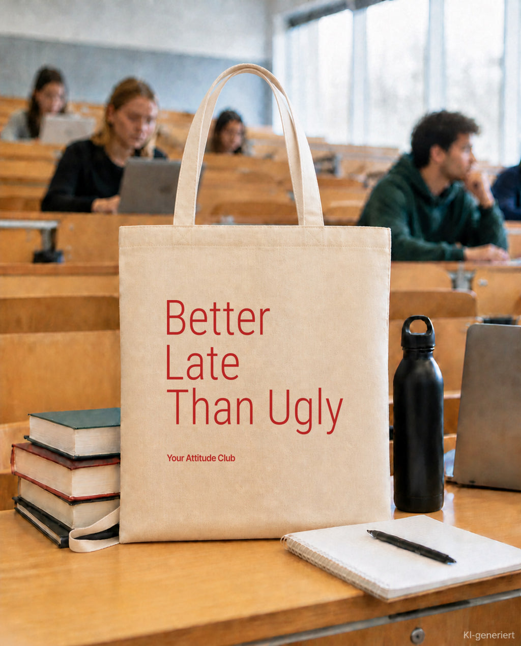 Better Late Than Ugly – Stoffbeutel mit Spruch natur mit rotem Aufdruck, in der Uni