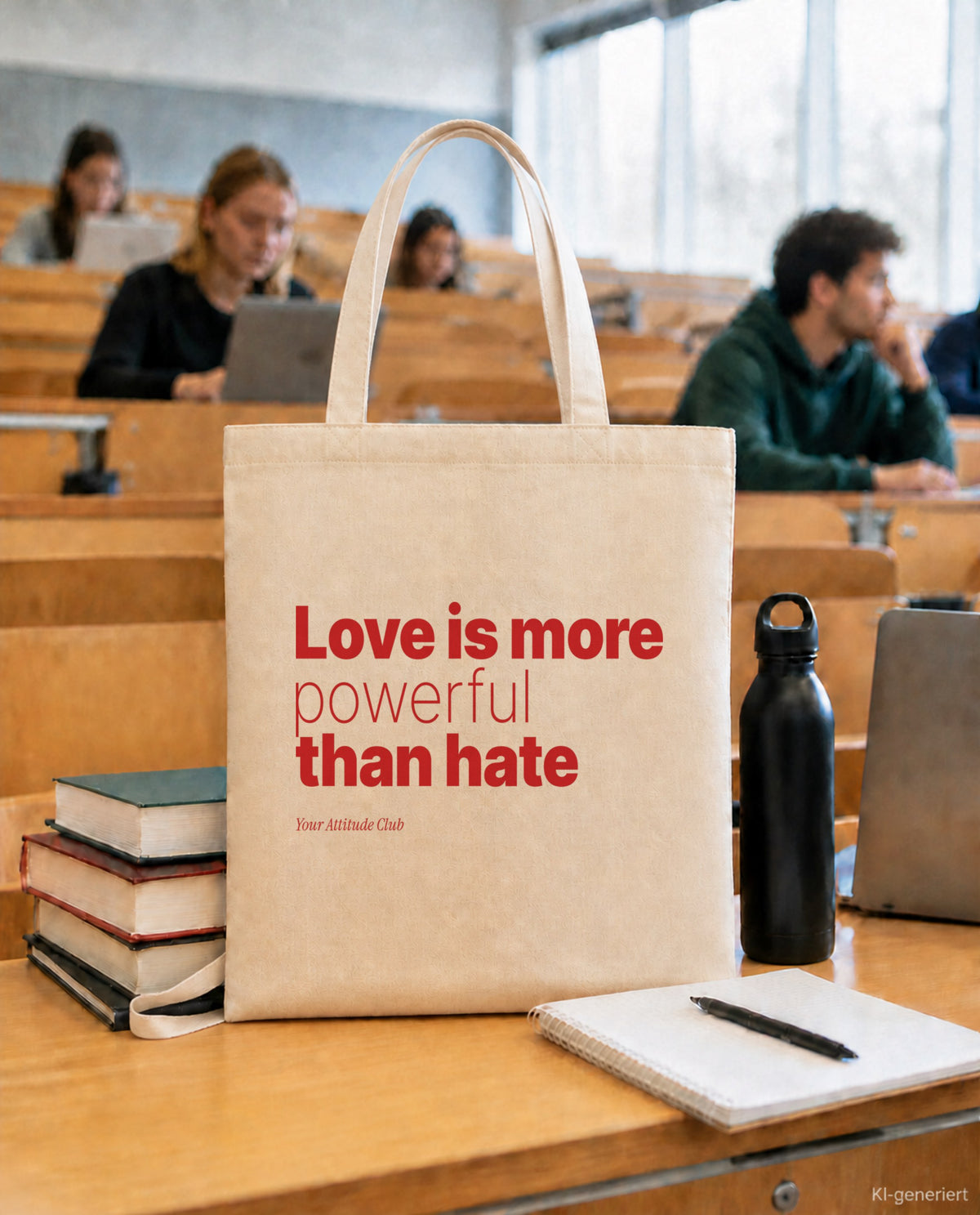 Love is more powerful than hate – Stoffbeutel mit Spruch natur mit rotem Aufdruck, in der Uni