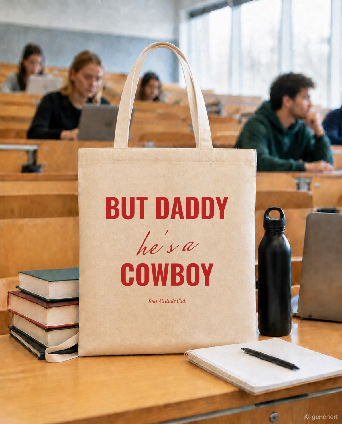 But Daddy he's a cowboy – Stoffbeutel mit Spruch natur mit rotem Aufdruck, in der Uni