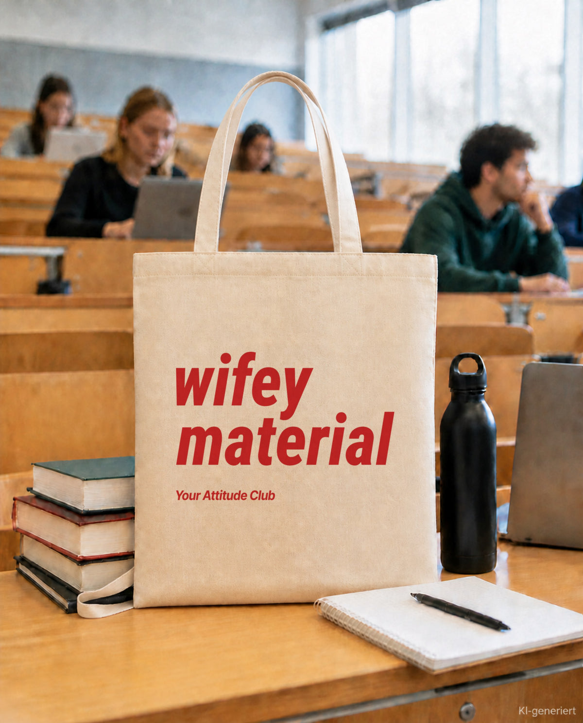 Wifey Material – Stoffbeutel mit Spruch natur mit rotem Aufdruck, in der Uni