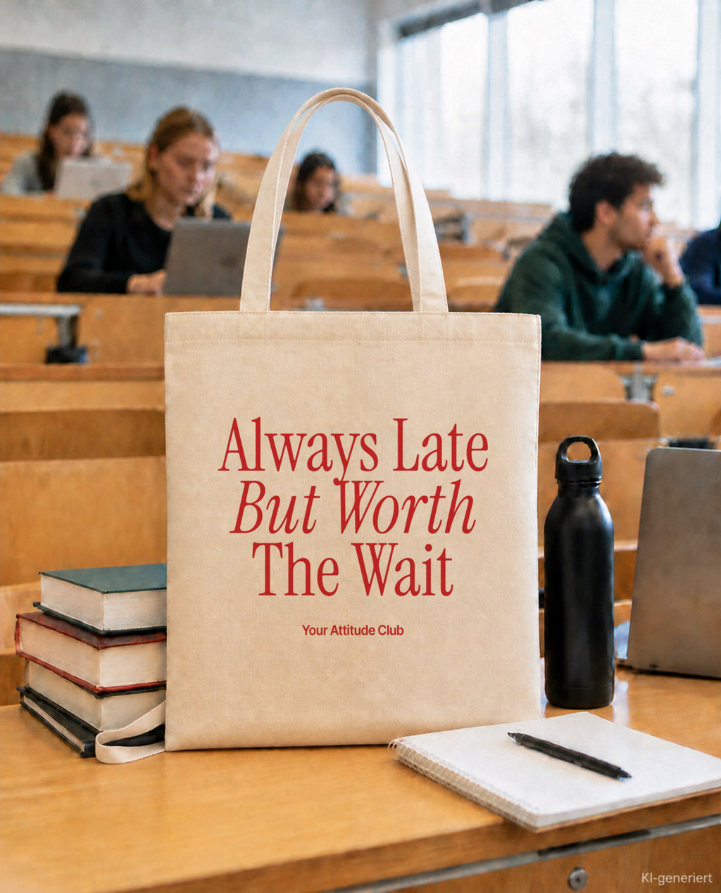 Always Late But Worth The Wait – Stoffbeutel mit Spruch natur mit rotem Aufdruck, in der Uni