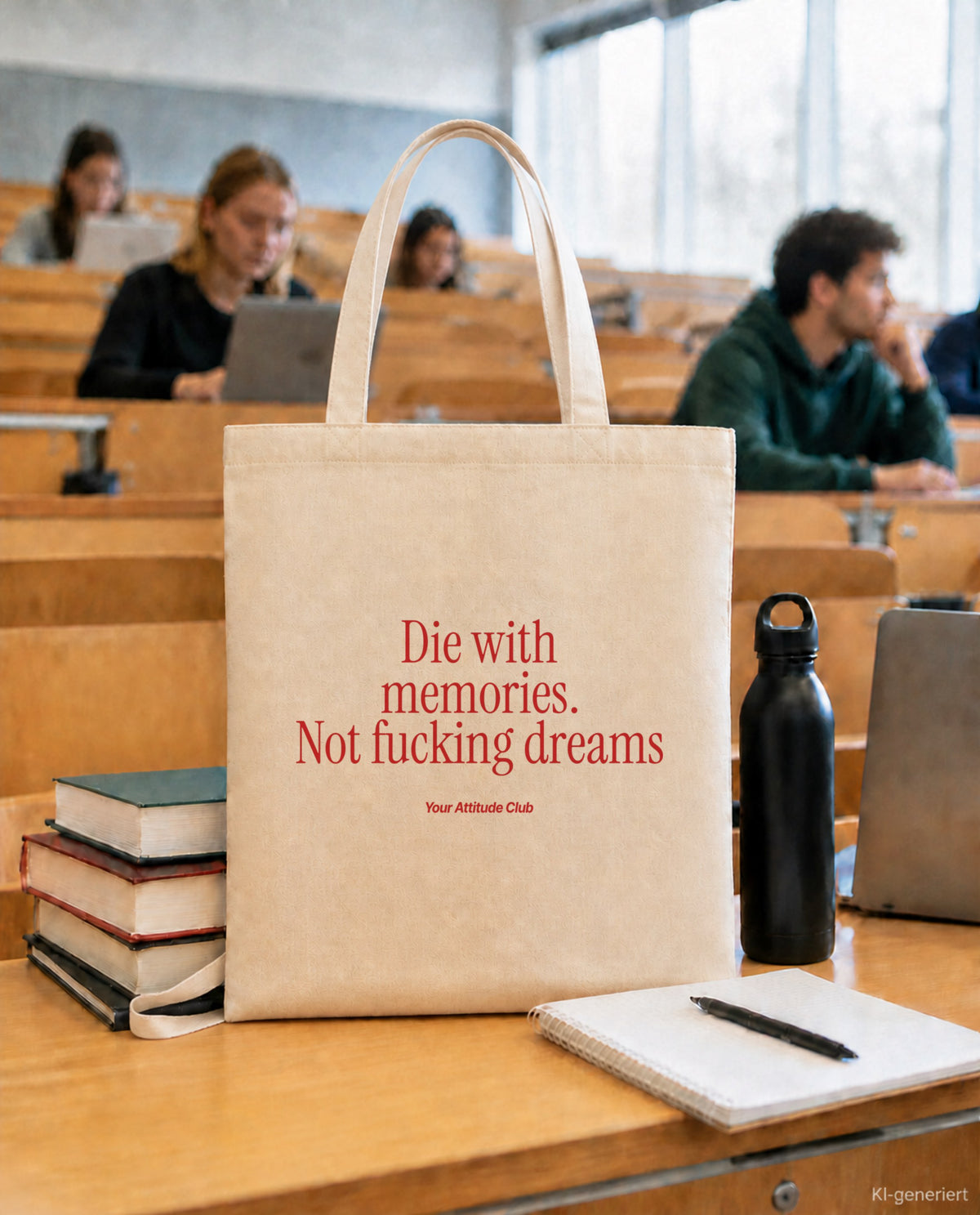 Die with memories. Not fucking dreams – Stoffbeutel mit Spruch natur mit rotem Aufdruck, in der Uni